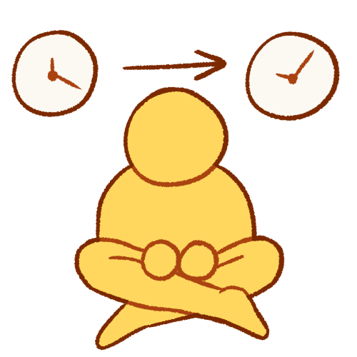  A drawing of an emoji yellow person sitting cross-legged. Above them are two clocks, each showing different times. A brown arrow points from the left clock to the right clock